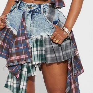 Fashion Nova Asymmetrical Plaid Denim Skirt